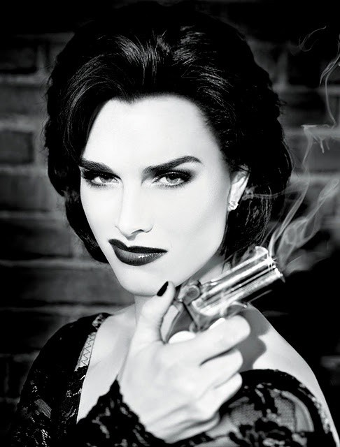 Brooke Shields as Roxie Hart in Chicago on Broadway, dark waved bob, black and white